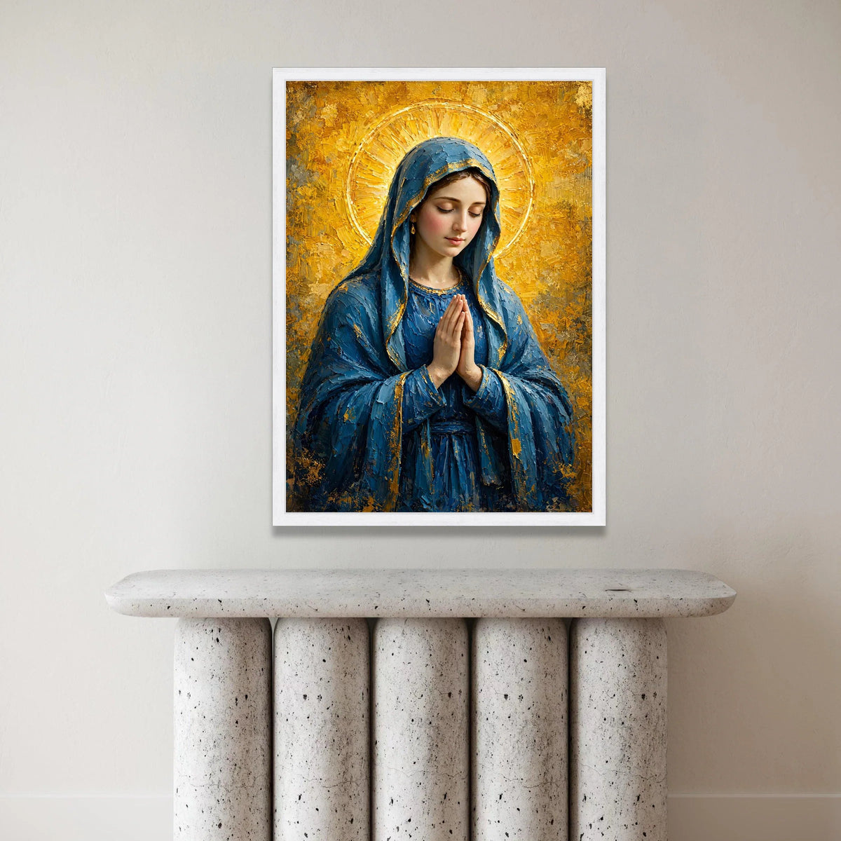 Serene Virgin Mary Canvas Wall Art, Religious Praying Woman, Blue Cloak Spiritual Painting, Golden Halo Decoration, Canvas Print Art