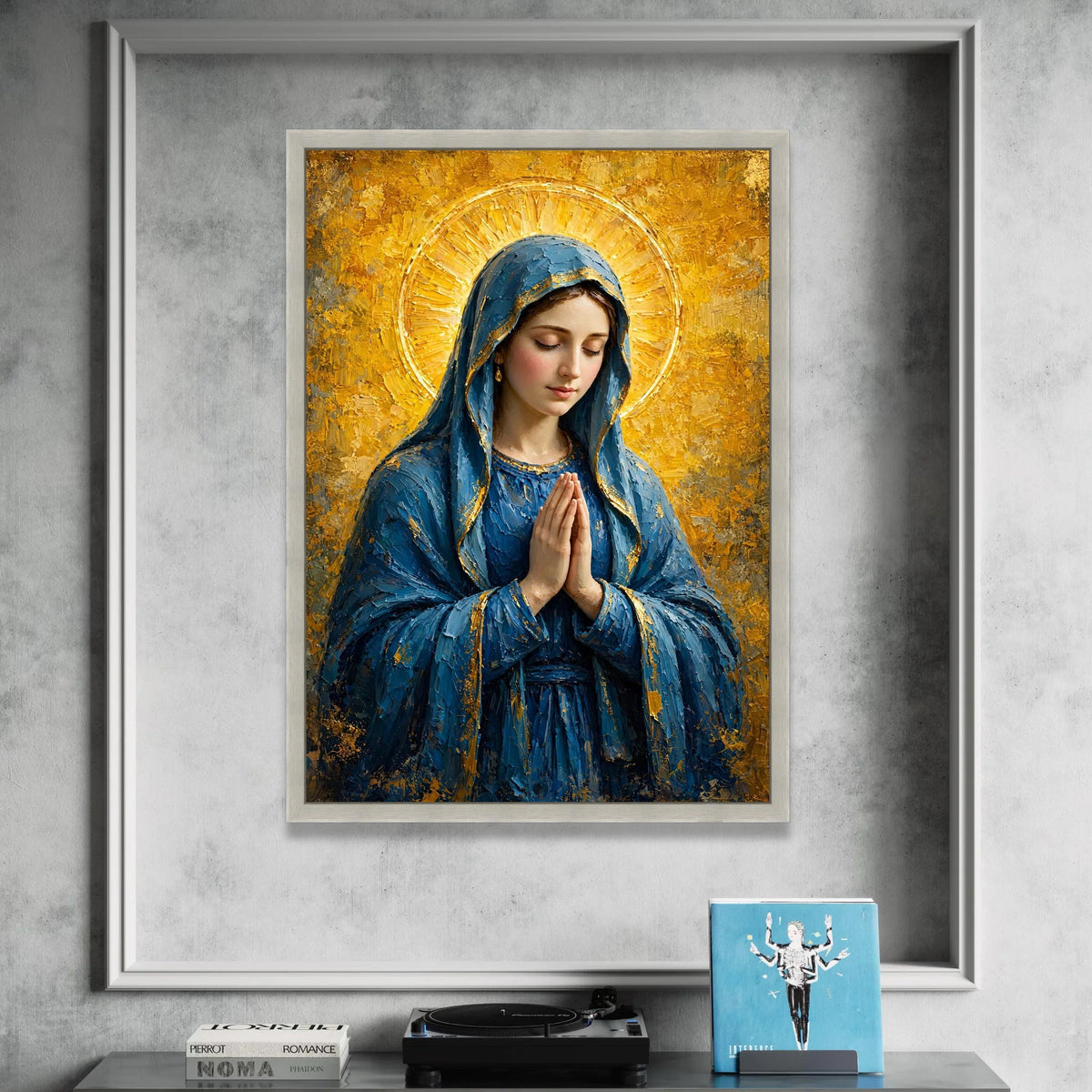 Serene Virgin Mary Canvas Wall Art, Religious Praying Woman, Blue Cloak Spiritual Painting, Golden Halo Decoration, Canvas Print Art