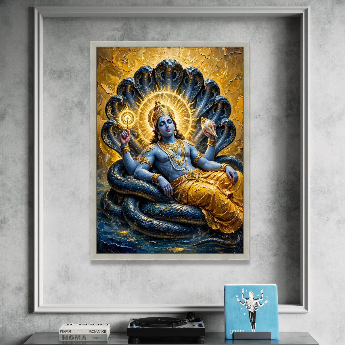 Divine Krishna Reclining Canvas Wall Art, Spiritual Hindu God Painting, Blue Deity with Serpent Background, Sacred Indian Canvas Print Art