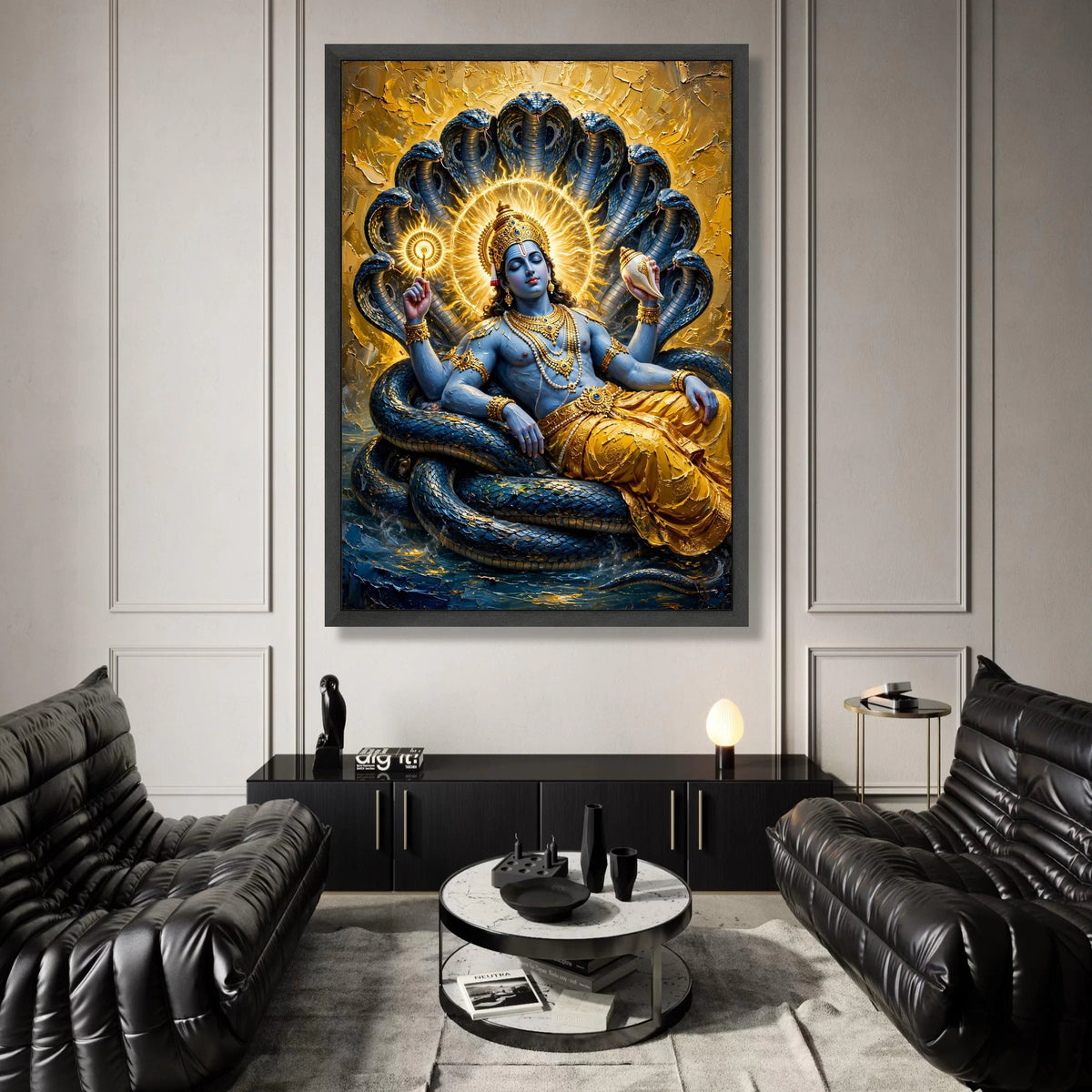 Divine Krishna Reclining Canvas Wall Art, Spiritual Hindu God Painting, Blue Deity with Serpent Background, Sacred Indian Canvas Print Art