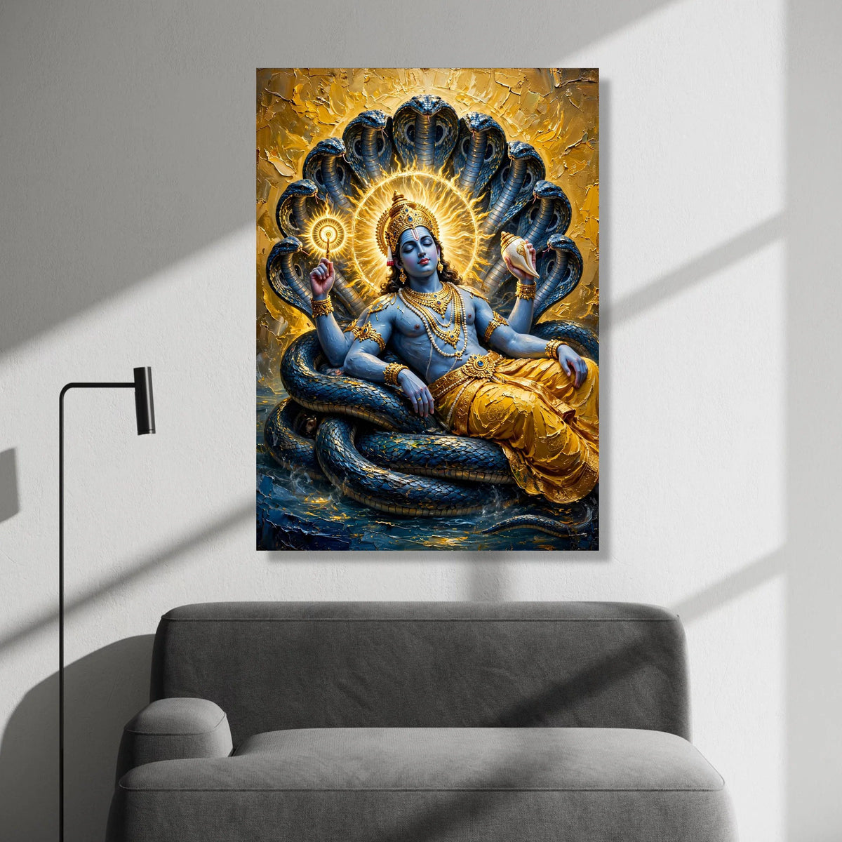 Divine Krishna Reclining Canvas Wall Art, Spiritual Hindu God Painting, Blue Deity with Serpent Background, Sacred Indian Canvas Print Art