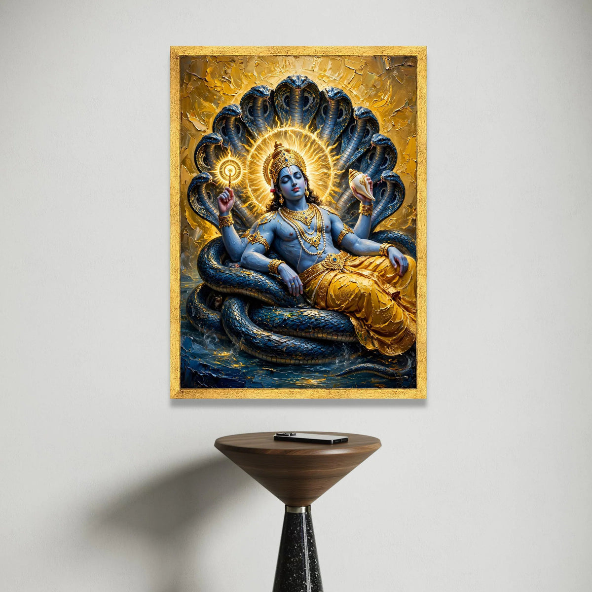 Divine Krishna Reclining Canvas Wall Art, Spiritual Hindu God Painting, Blue Deity with Serpent Background, Sacred Indian Canvas Print Art