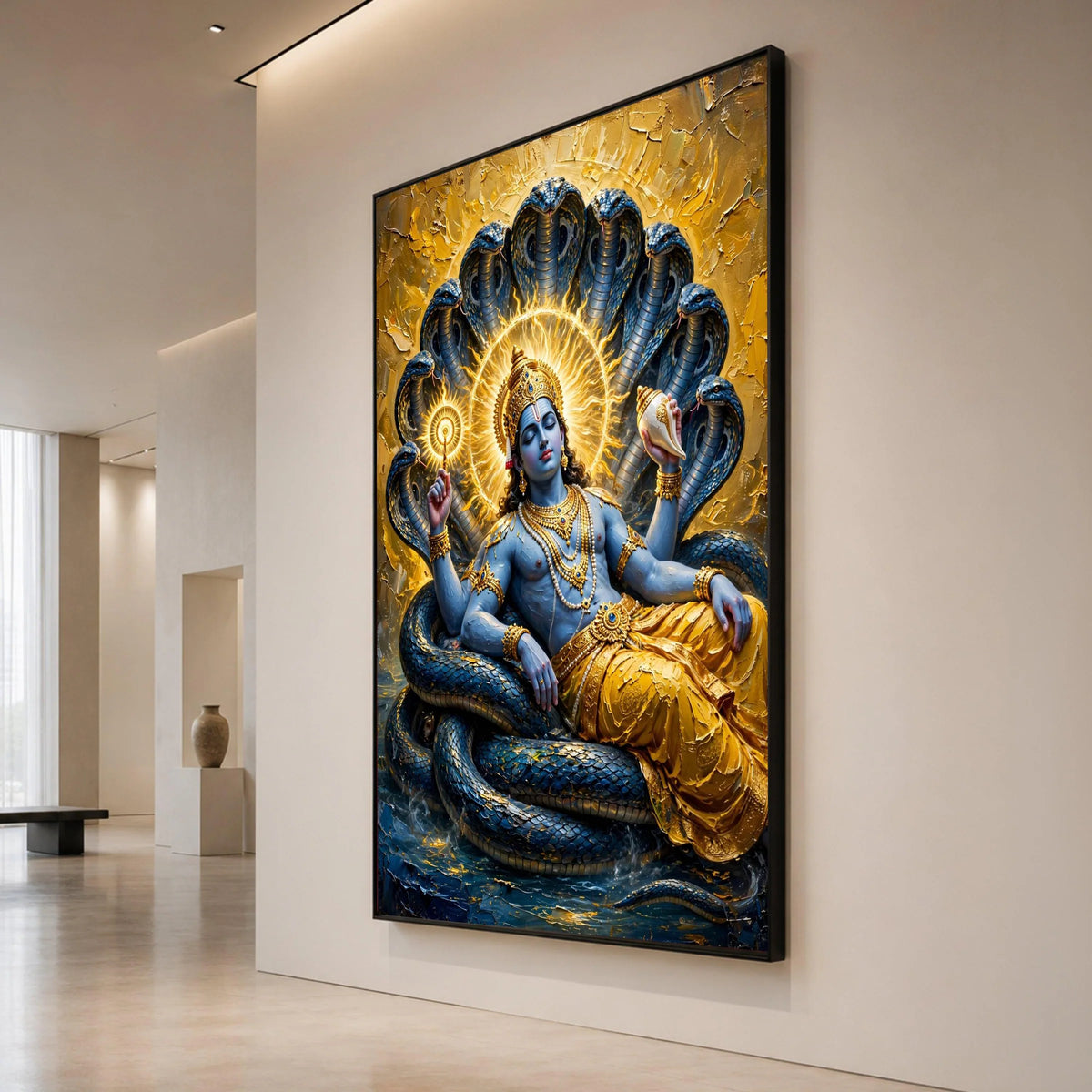 Divine Krishna Reclining Canvas Wall Art, Spiritual Hindu God Painting, Blue Deity with Serpent Background, Sacred Indian Canvas Print Art