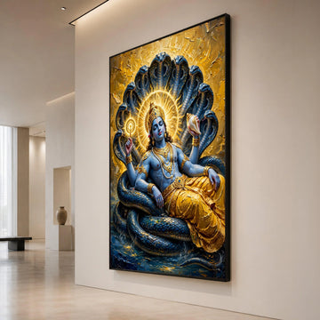 Divine Krishna Reclining Canvas Wall Art, Spiritual Hindu God Painting, Blue Deity with Serpent Background, Sacred Indian Canvas Print Art
