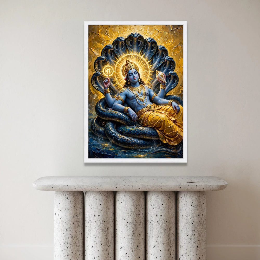 Divine Krishna Reclining Canvas Wall Art, Spiritual Hindu God Painting, Blue Deity with Serpent Background, Sacred Indian Canvas Print Art