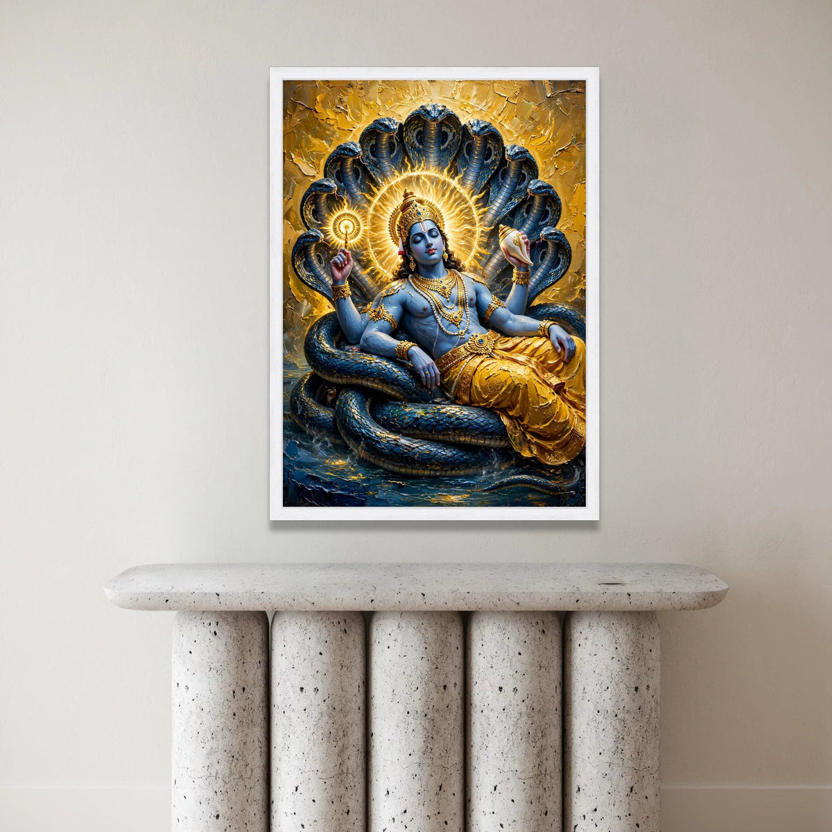 Divine Krishna Reclining Canvas Wall Art, Spiritual Hindu God Painting, Blue Deity with Serpent Background, Sacred Indian Canvas Print Art