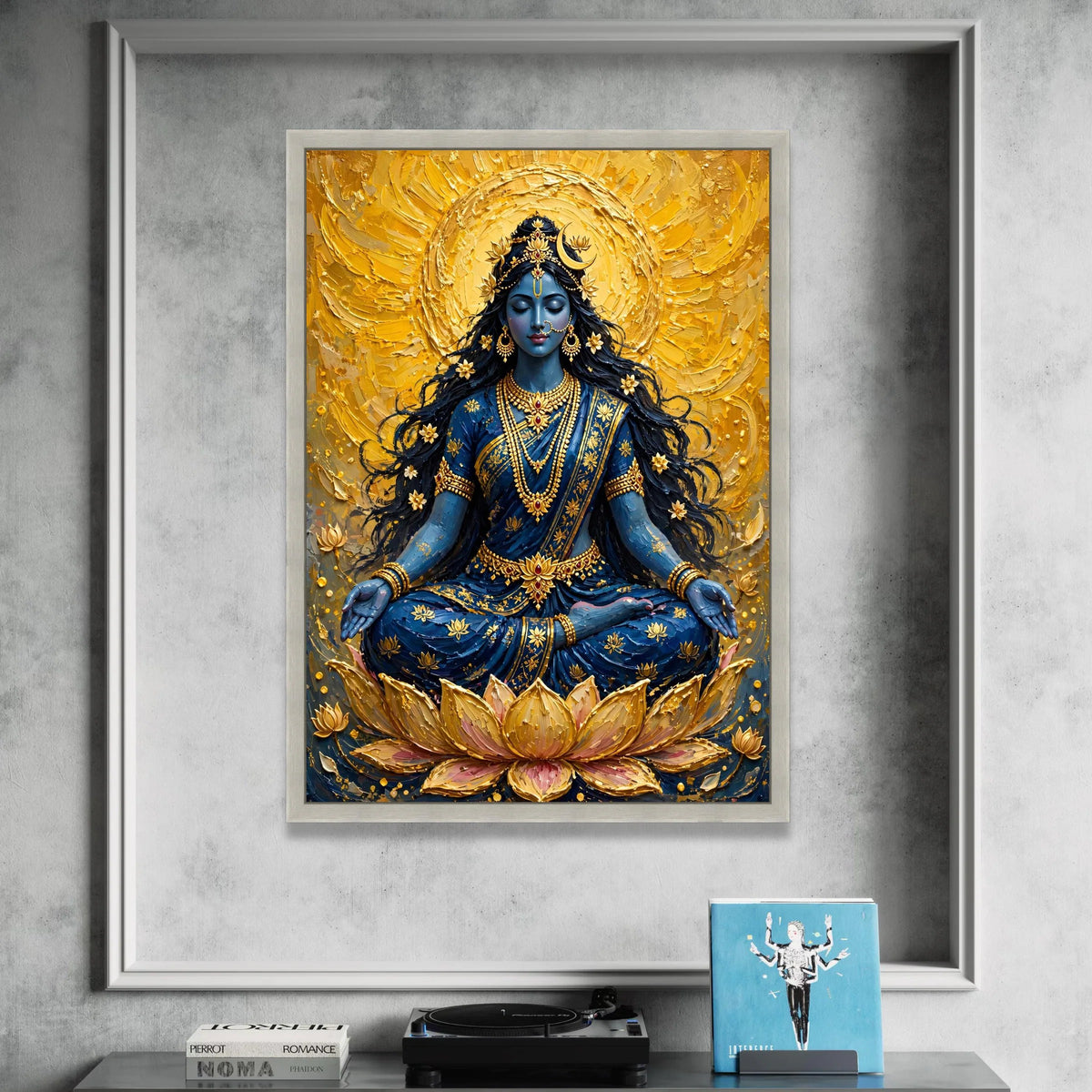 Meditative Goddess Canvas Wall Art, Blue and Gold Spiritual Painting, Lotus Pose Decor, Yoga Meditation Canvas, Sacred Canvas Print Art