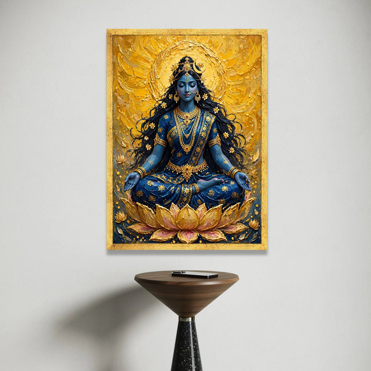 Meditative Goddess Canvas Wall Art, Blue and Gold Spiritual Painting, Lotus Pose Decor, Yoga Meditation Canvas, Sacred Canvas Print Art
