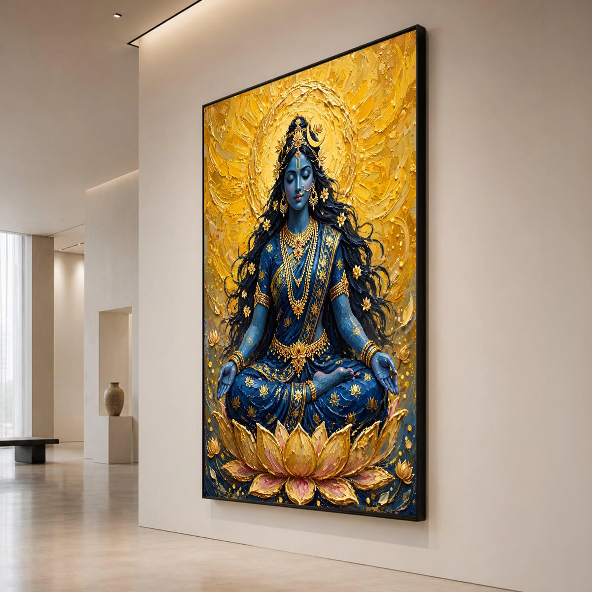 Meditative Goddess Canvas Wall Art, Blue and Gold Spiritual Painting, Lotus Pose Decor, Yoga Meditation Canvas, Sacred Canvas Print Art