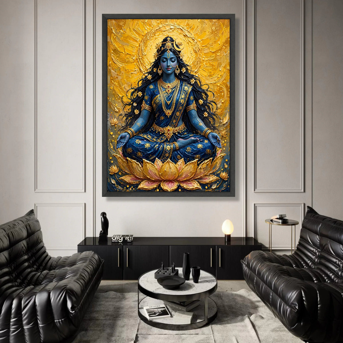 Meditative Goddess Canvas Wall Art, Blue and Gold Spiritual Painting, Lotus Pose Decor, Yoga Meditation Canvas, Sacred Canvas Print Art