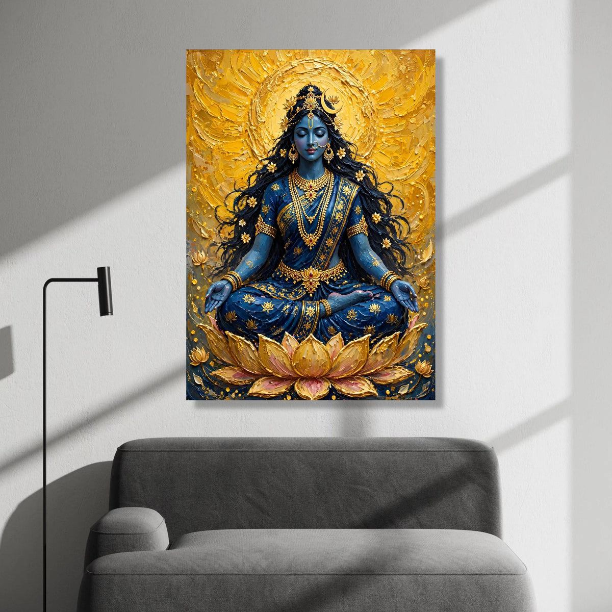 Meditative Goddess Canvas Wall Art, Blue and Gold Spiritual Painting, Lotus Pose Decor, Yoga Meditation Canvas, Sacred Canvas Print Art