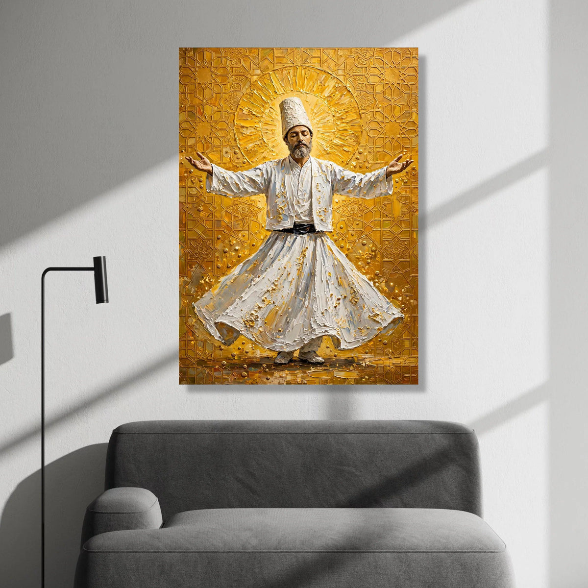 Whirling Dervish Dance Canvas, Spiritual Sufi Art, Middle Eastern Wall Decor, Mystical Meditation Canvas, Golden Patterned Canvas Print Art