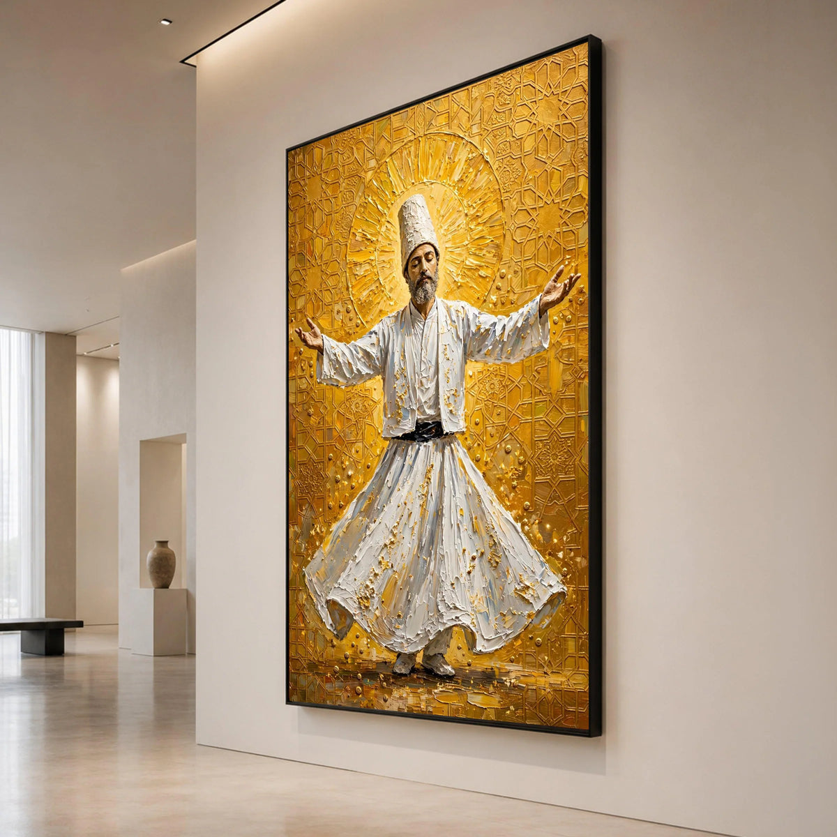 Whirling Dervish Dance Canvas, Spiritual Sufi Art, Middle Eastern Wall Decor, Mystical Meditation Canvas, Golden Patterned Canvas Print Art