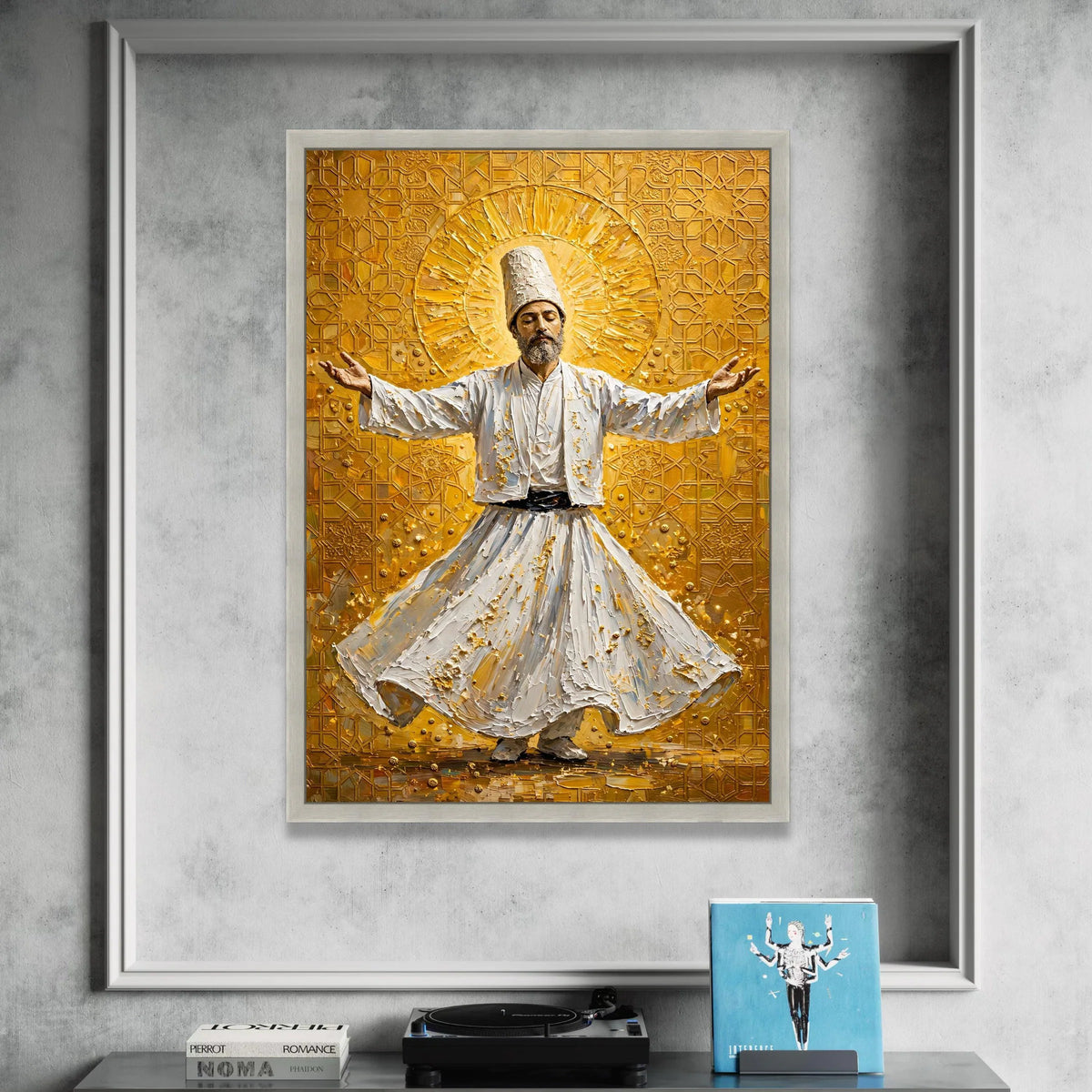 Whirling Dervish Dance Canvas, Spiritual Sufi Art, Middle Eastern Wall Decor, Mystical Meditation Canvas, Golden Patterned Canvas Print Art