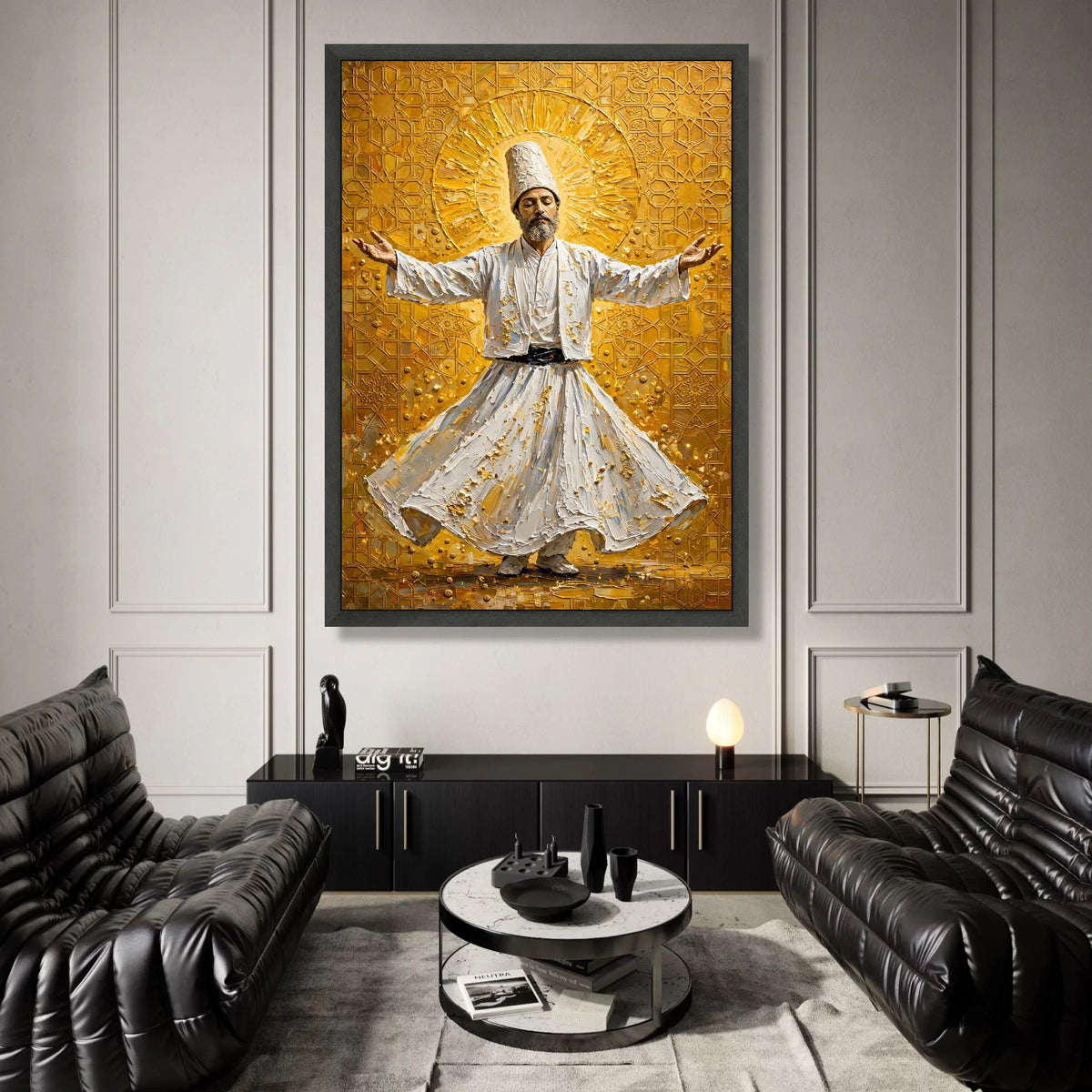 Whirling Dervish Dance Canvas, Spiritual Sufi Art, Middle Eastern Wall Decor, Mystical Meditation Canvas, Golden Patterned Canvas Print Art