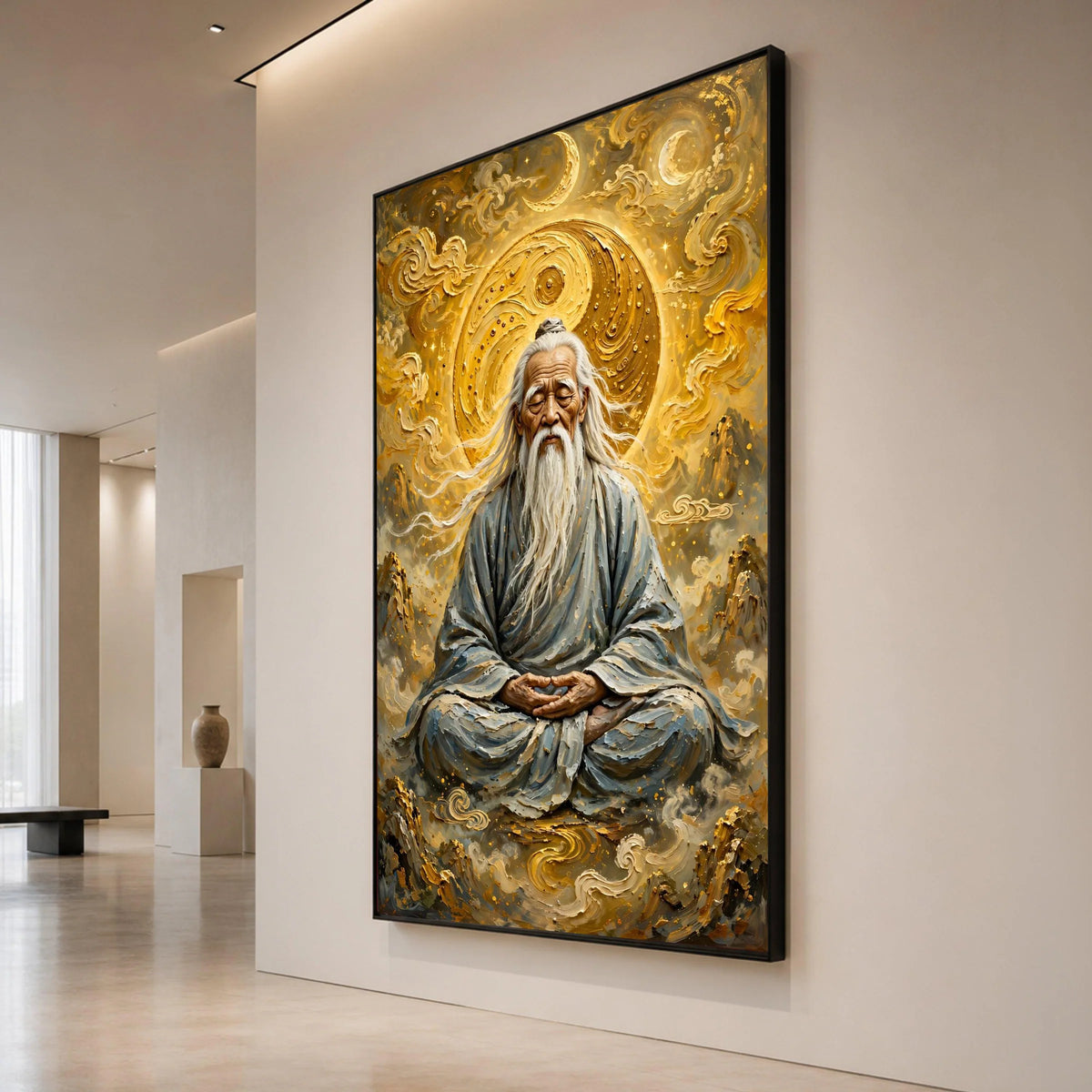 Wise Elder Meditating Canvas, Yin Yang Symbol Art, Spiritual Meditation Wall Art, Asian Zen Decor, Calm Harmony Canvas, Canvas Print Art