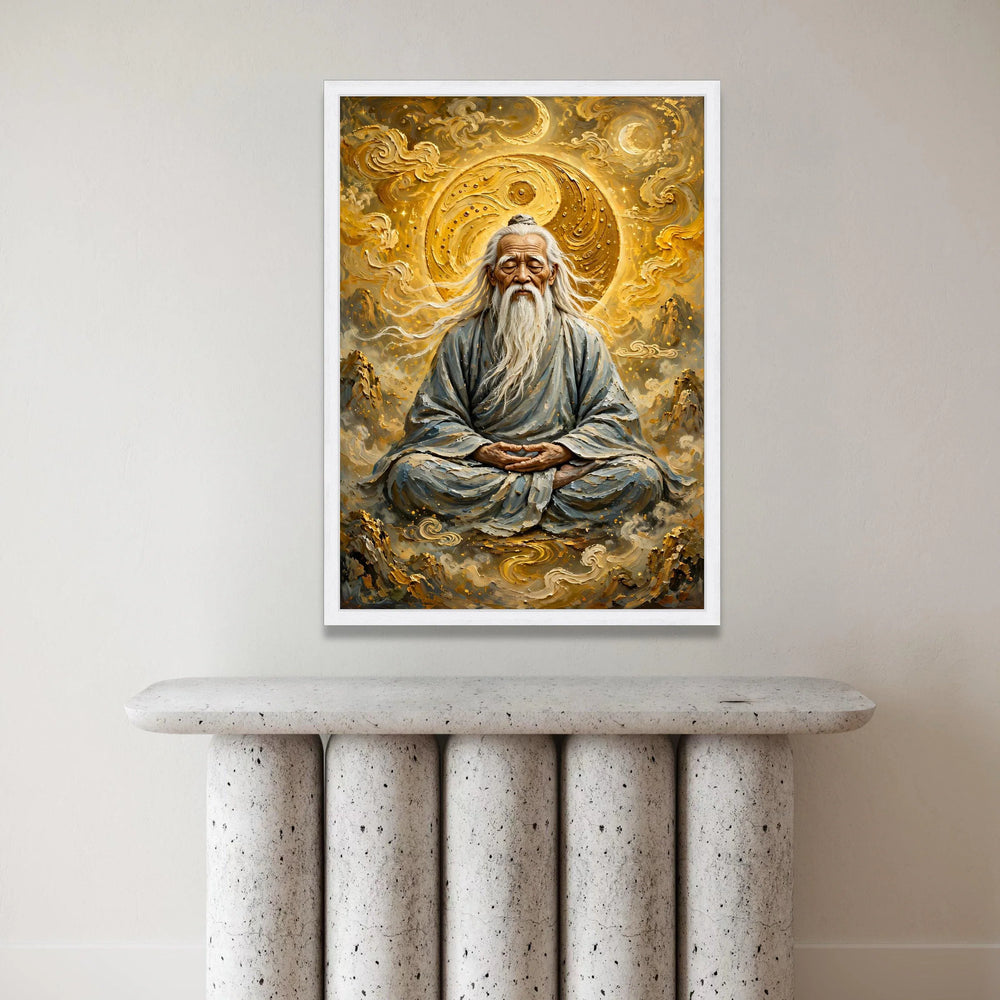 Wise Elder Meditating Canvas, Yin Yang Symbol Art, Spiritual Meditation Wall Art, Asian Zen Decor, Calm Harmony Canvas, Canvas Print Art
