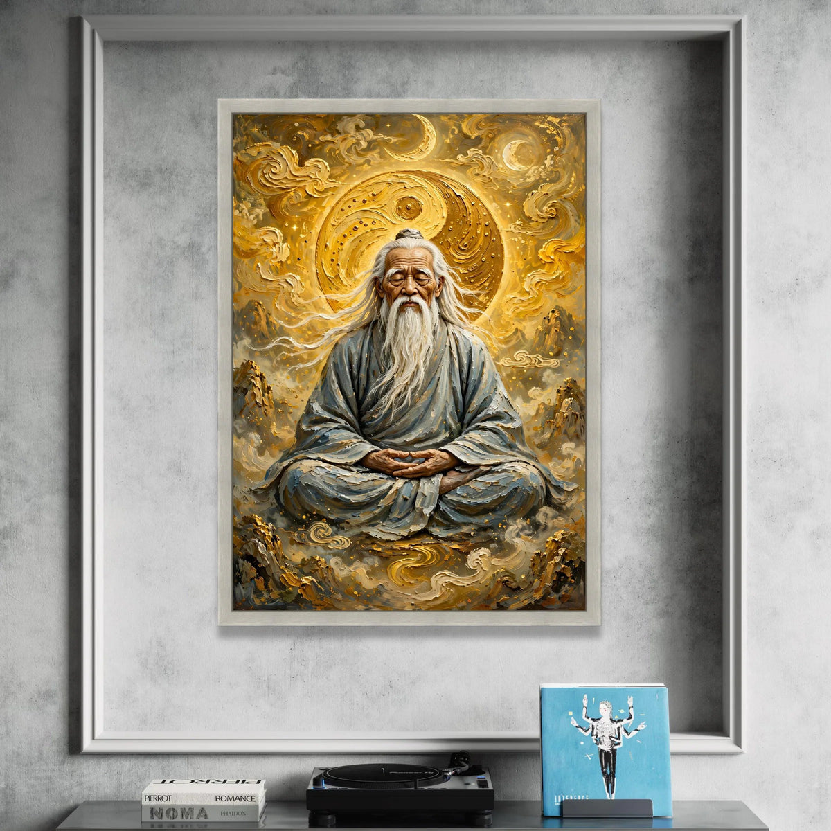 Wise Elder Meditating Canvas, Yin Yang Symbol Art, Spiritual Meditation Wall Art, Asian Zen Decor, Calm Harmony Canvas, Canvas Print Art