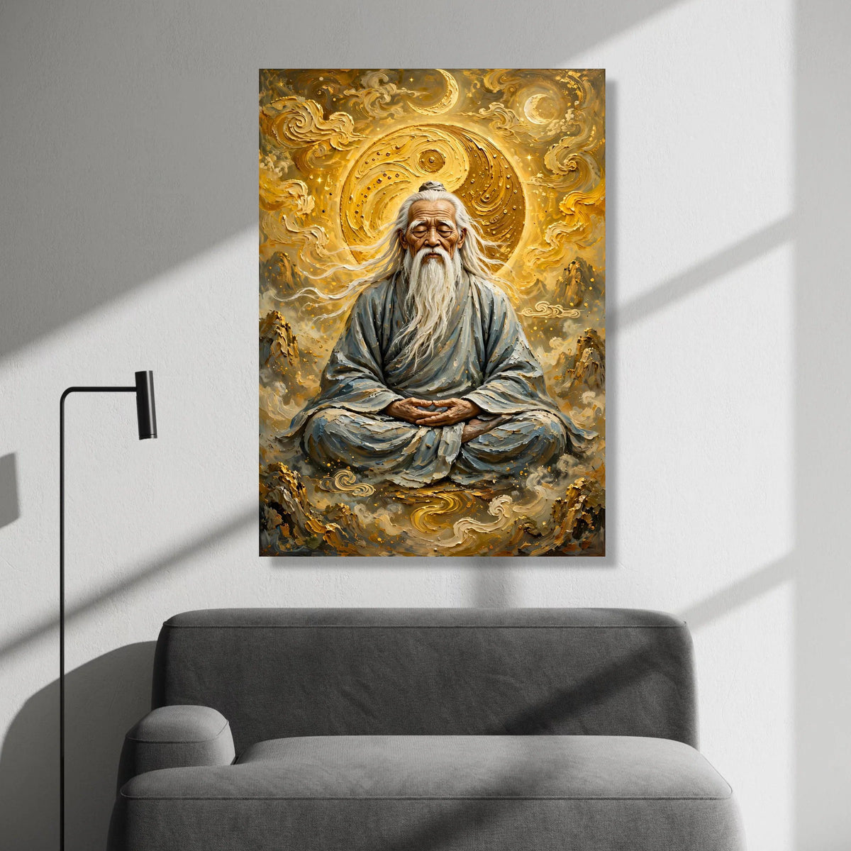 Wise Elder Meditating Canvas, Yin Yang Symbol Art, Spiritual Meditation Wall Art, Asian Zen Decor, Calm Harmony Canvas, Canvas Print Art