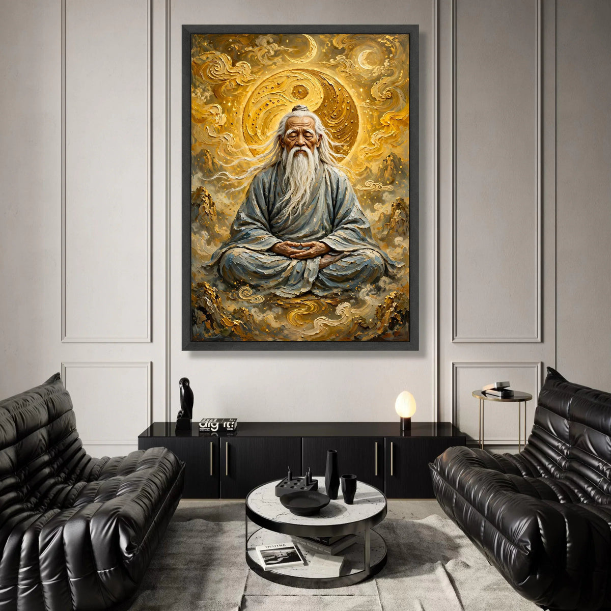 Wise Elder Meditating Canvas, Yin Yang Symbol Art, Spiritual Meditation Wall Art, Asian Zen Decor, Calm Harmony Canvas, Canvas Print Art
