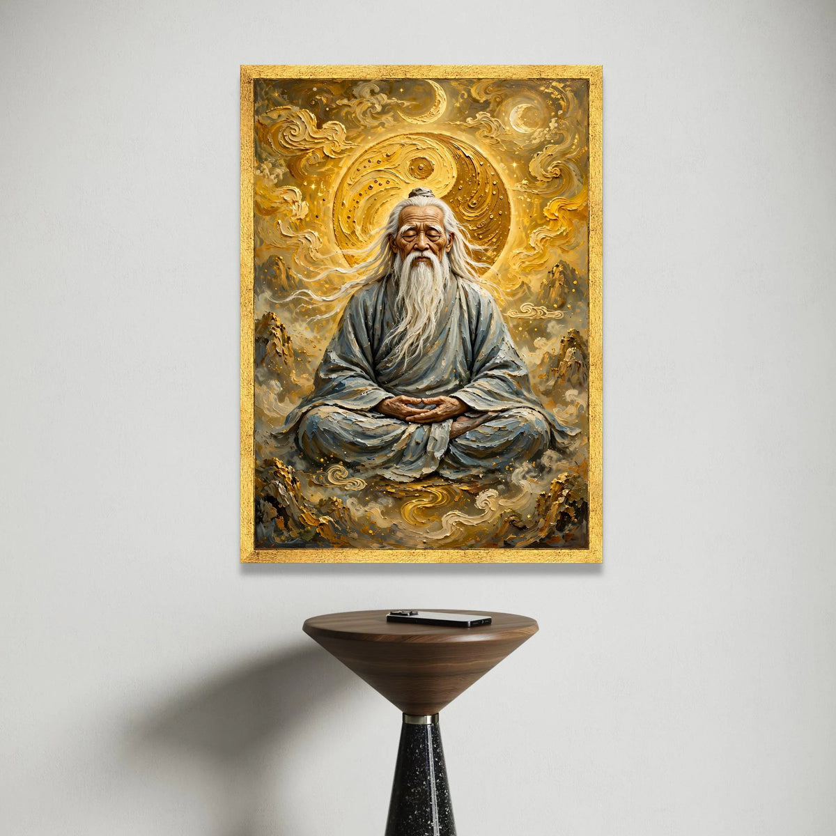 Wise Elder Meditating Canvas, Yin Yang Symbol Art, Spiritual Meditation Wall Art, Asian Zen Decor, Calm Harmony Canvas, Canvas Print Art