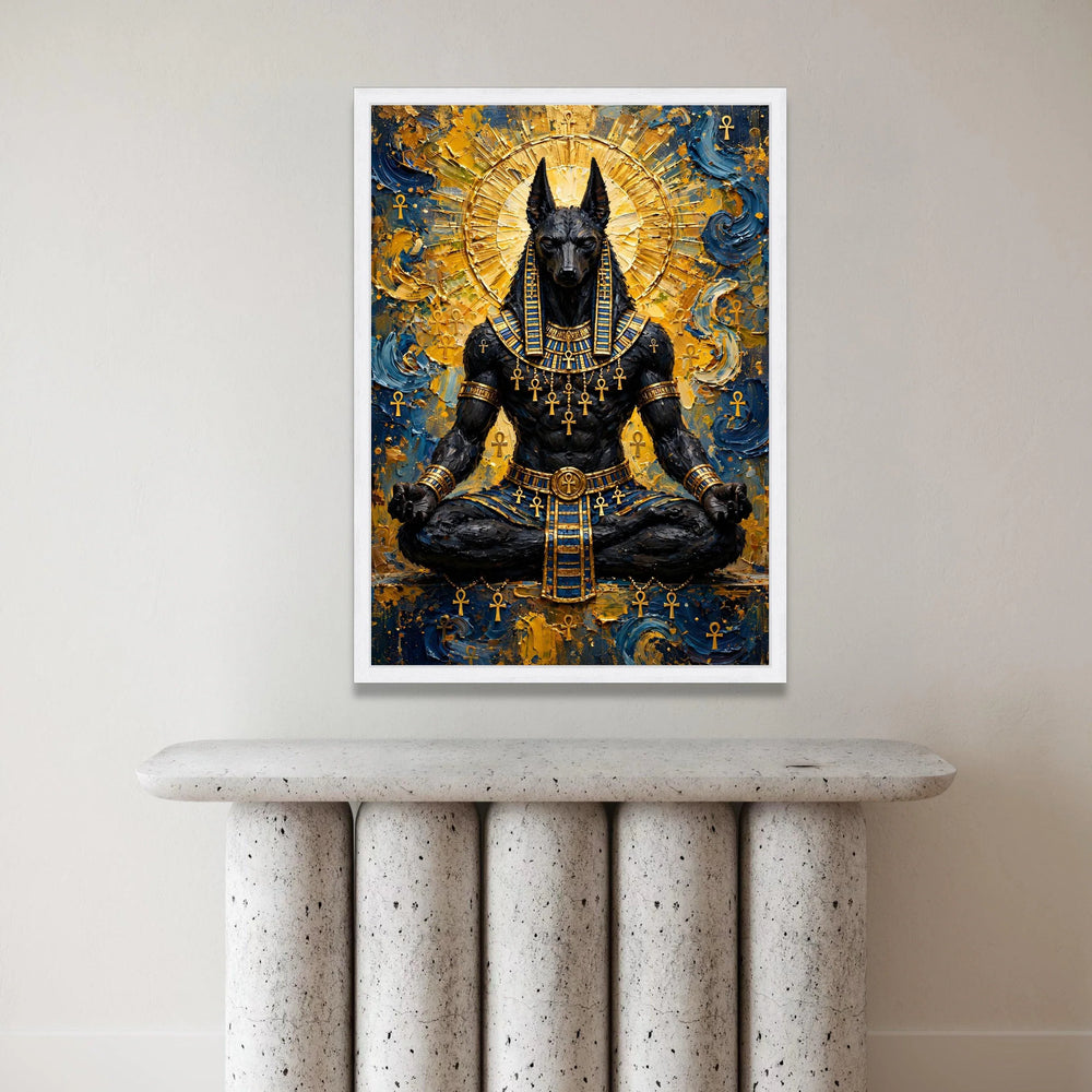 Ancient Egyptian Anubis Meditation Canvas, Mythology Wall Art, Pharaoh God Decor, Spiritual Canvas Painting, Golden Blue Canvas Print Art