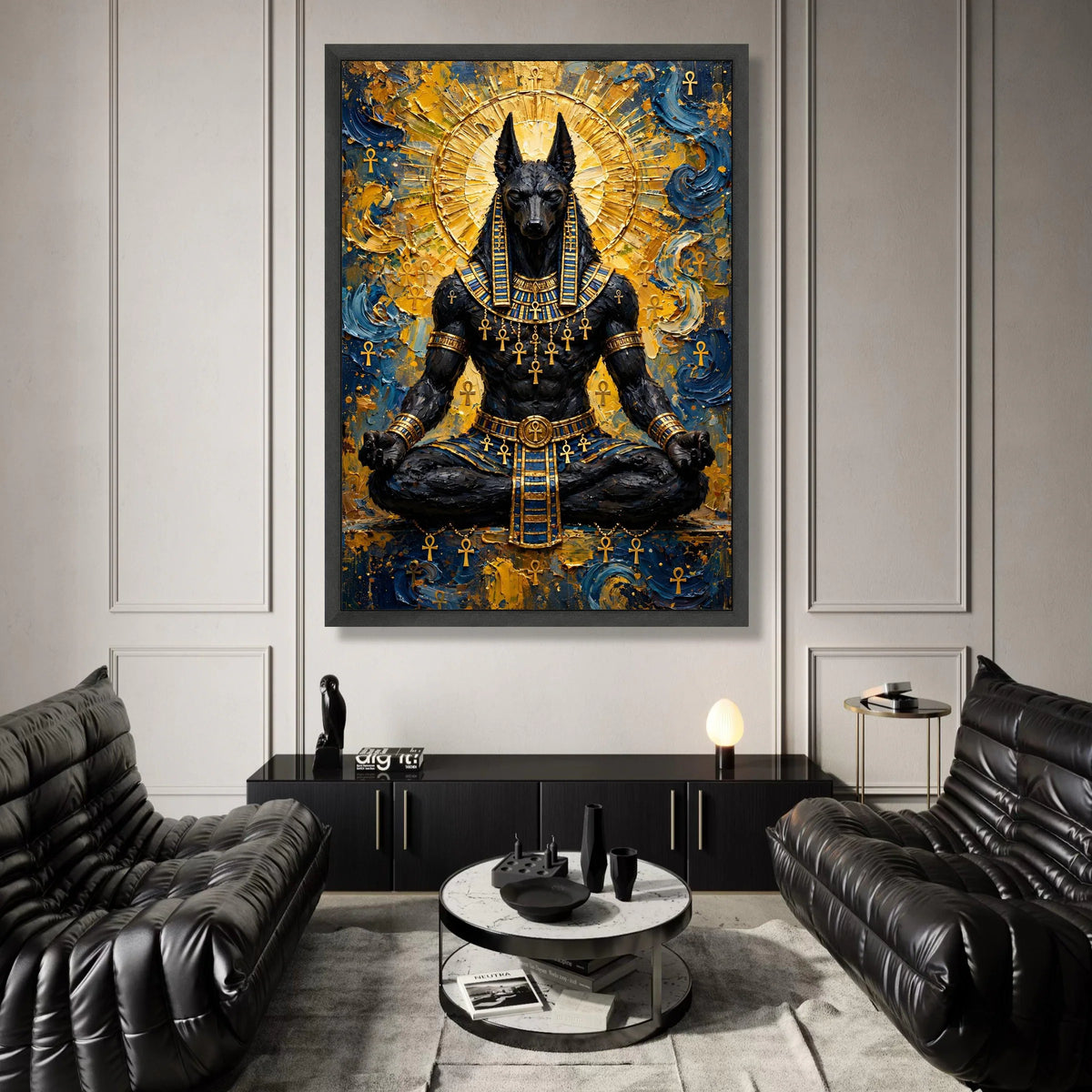 Ancient Egyptian Anubis Meditation Canvas, Mythology Wall Art, Pharaoh God Decor, Spiritual Canvas Painting, Golden Blue Canvas Print Art