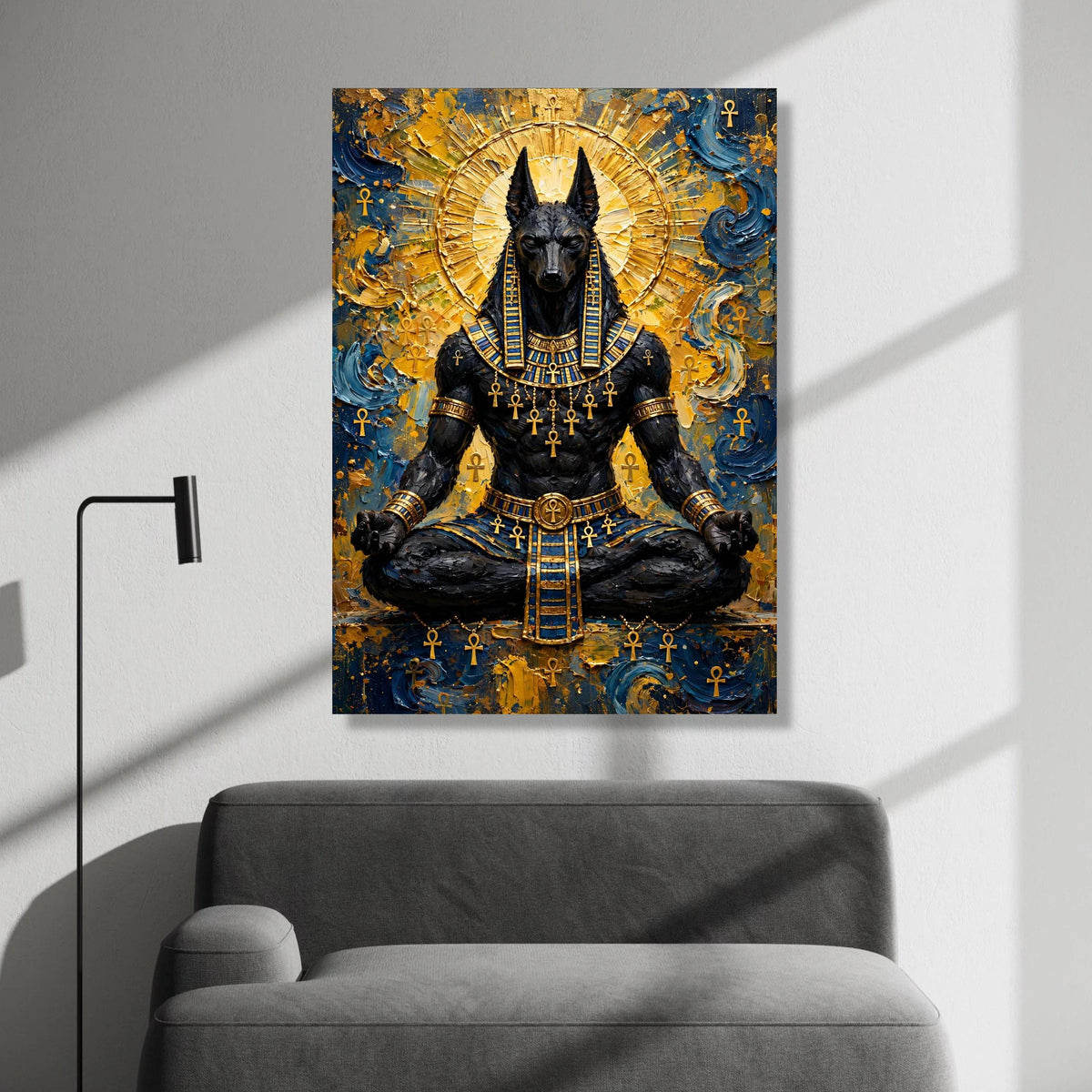 Ancient Egyptian Anubis Meditation Canvas, Mythology Wall Art, Pharaoh God Decor, Spiritual Canvas Painting, Golden Blue Canvas Print Art