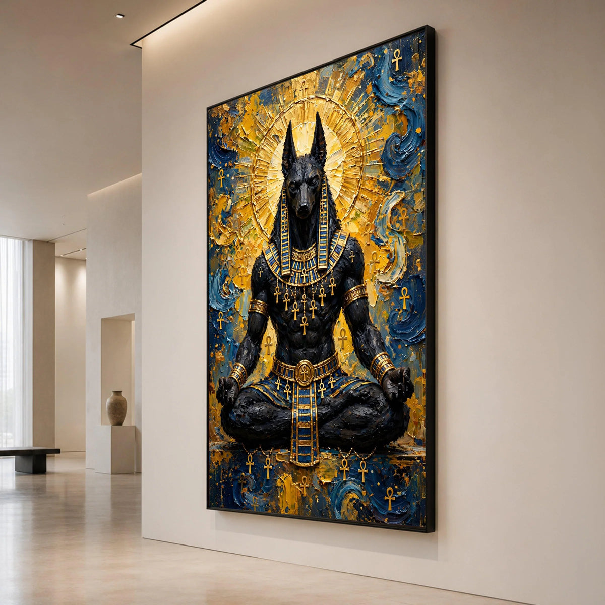 Ancient Egyptian Anubis Meditation Canvas, Mythology Wall Art, Pharaoh God Decor, Spiritual Canvas Painting, Golden Blue Canvas Print Art