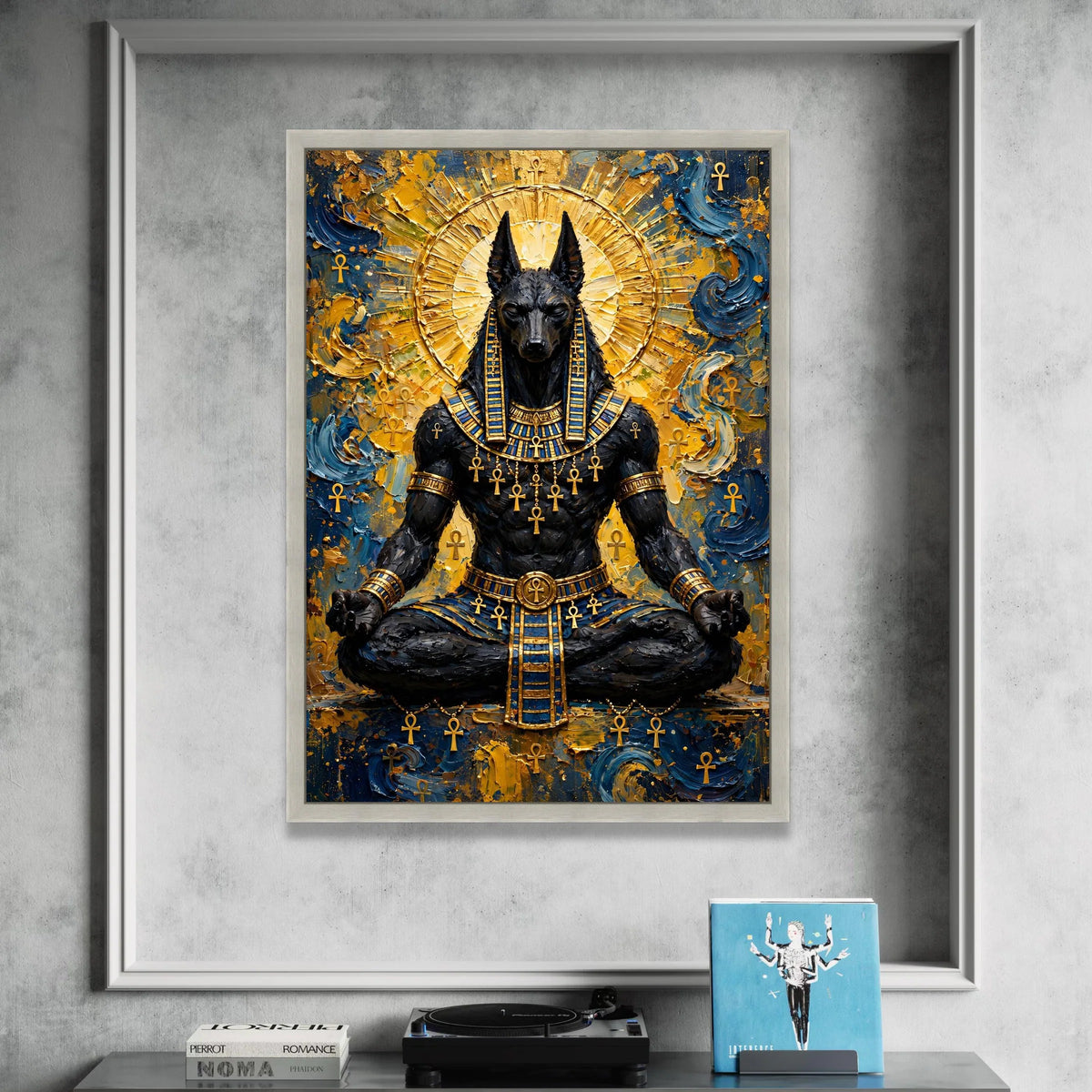 Ancient Egyptian Anubis Meditation Canvas, Mythology Wall Art, Pharaoh God Decor, Spiritual Canvas Painting, Golden Blue Canvas Print Art