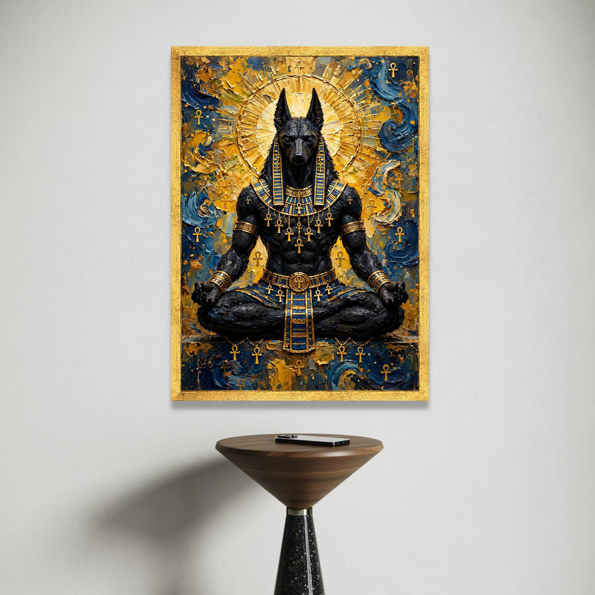 Ancient Egyptian Anubis Meditation Canvas, Mythology Wall Art, Pharaoh God Decor, Spiritual Canvas Painting, Golden Blue Canvas Print Art