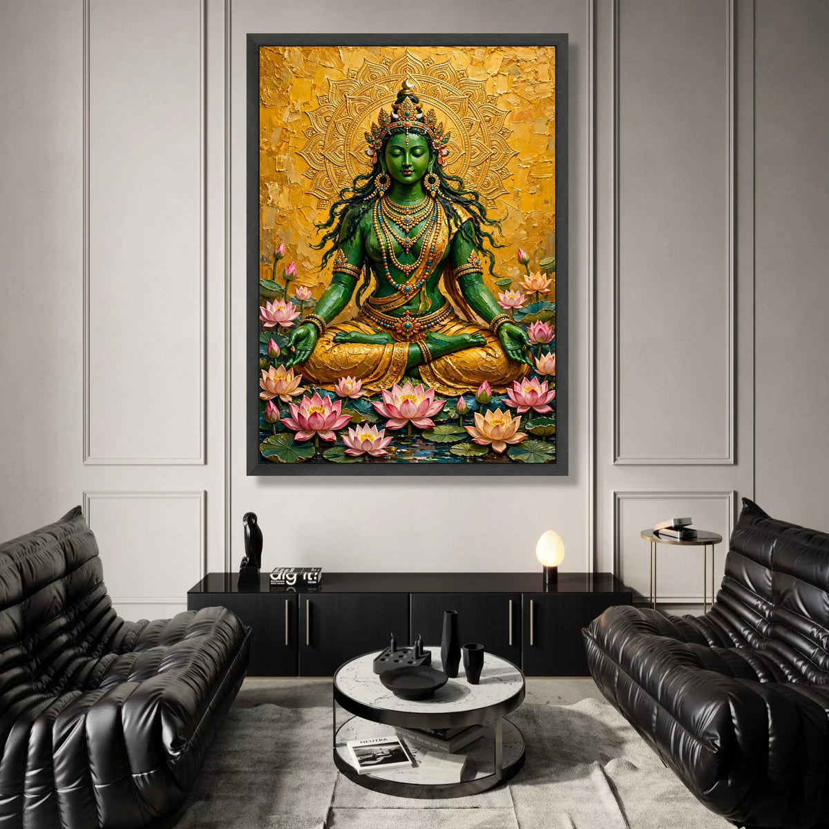 Green Goddess Meditation Canvas, Spiritual Buddha Wall Art, Lotus Flower Canvas, Sacred Mandala Decoration, Zen Yoga Room Canvas Print Art