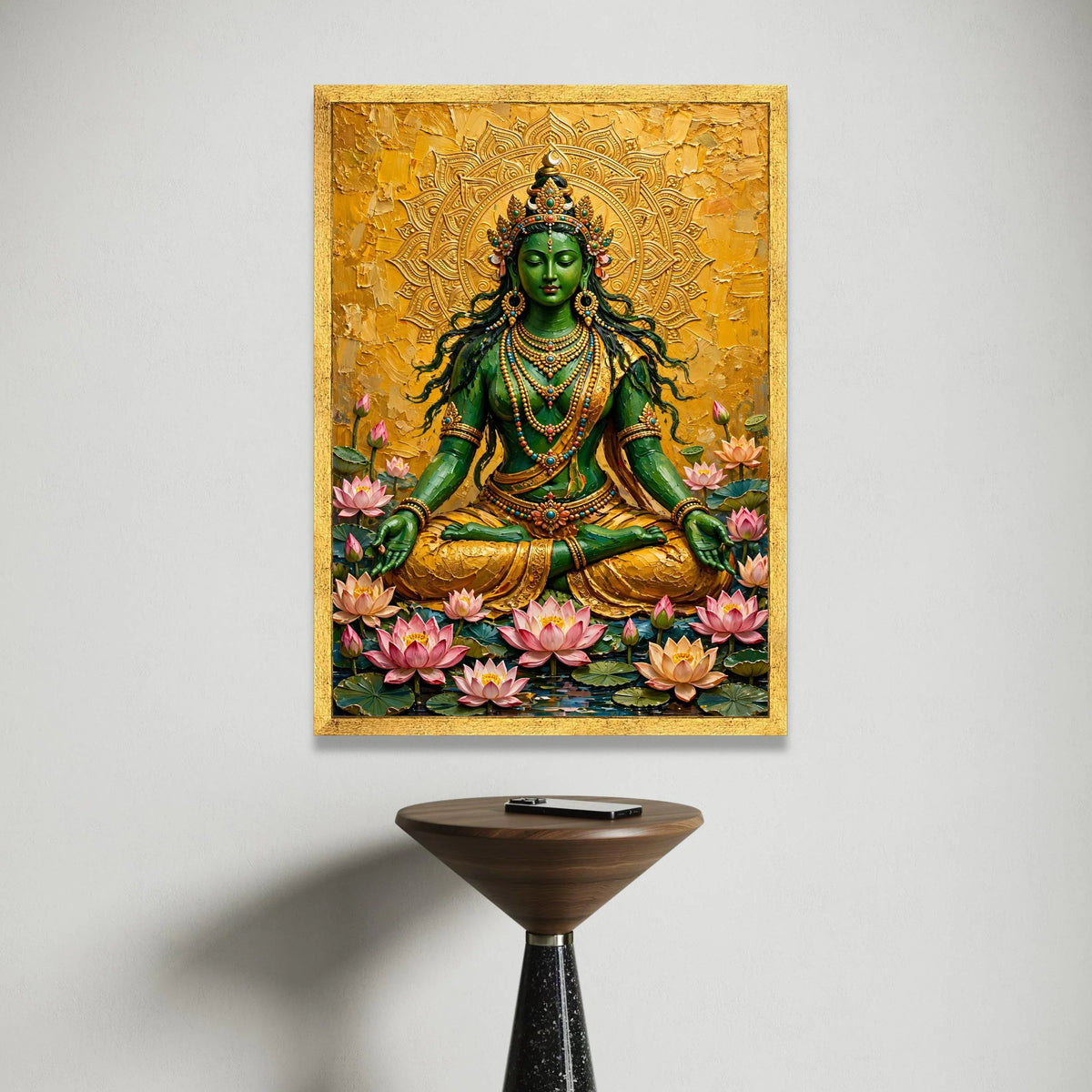 Green Goddess Meditation Canvas, Spiritual Buddha Wall Art, Lotus Flower Canvas, Sacred Mandala Decoration, Zen Yoga Room Canvas Print Art