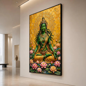 Green Goddess Meditation Canvas, Spiritual Buddha Wall Art, Lotus Flower Canvas, Sacred Mandala Decoration, Zen Yoga Room Canvas Print Art
