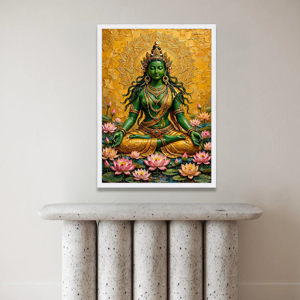 Green Goddess Meditation Canvas, Spiritual Buddha Wall Art, Lotus Flower Canvas, Sacred Mandala Decoration, Zen Yoga Room Canvas Print Art