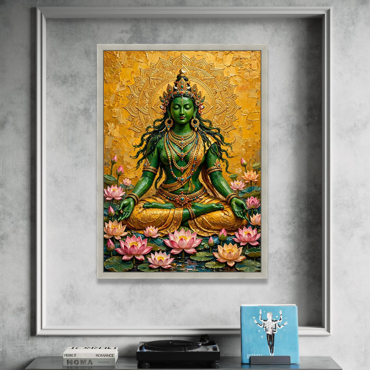 Green Goddess Meditation Canvas, Spiritual Buddha Wall Art, Lotus Flower Canvas, Sacred Mandala Decoration, Zen Yoga Room Canvas Print Art