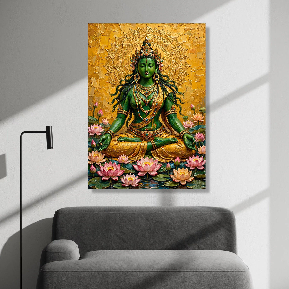 Green Goddess Meditation Canvas, Spiritual Buddha Wall Art, Lotus Flower Canvas, Sacred Mandala Decoration, Zen Yoga Room Canvas Print Art