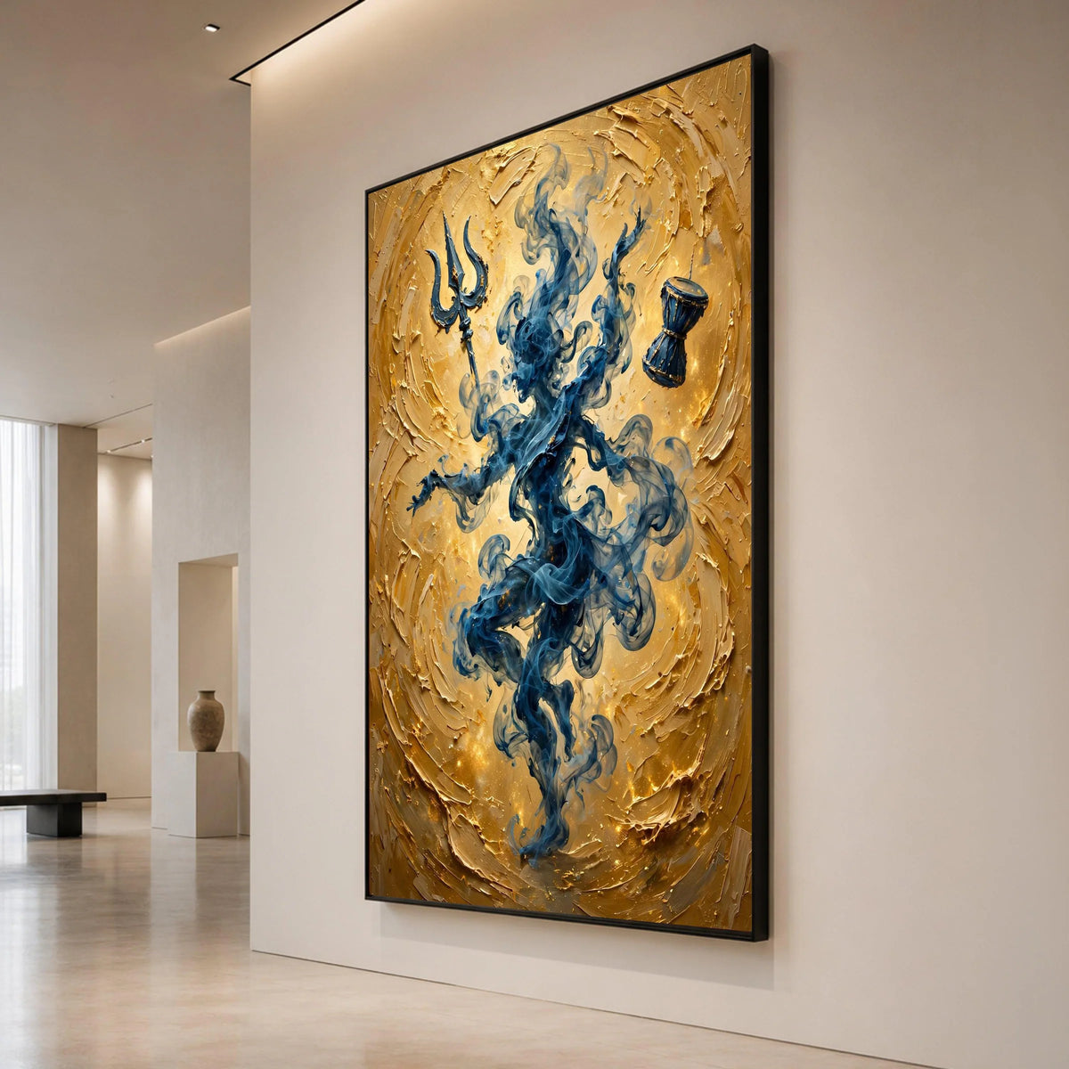 Mystic Smoke Figure Canvas Wall Art, Spiritual Trident and Drum, Blue and Gold Abstract Home Decoration, Meditation Room Canvas Print Art