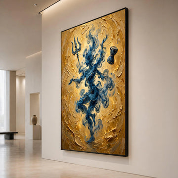Mystic Smoke Figure Canvas Wall Art, Spiritual Trident and Drum, Blue and Gold Abstract Home Decoration, Meditation Room Canvas Print Art