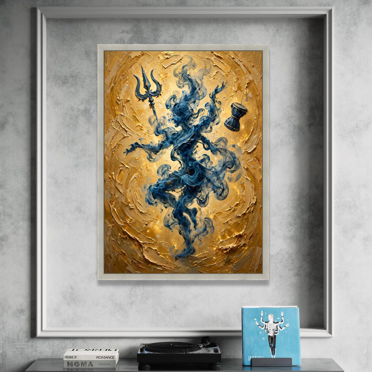 Mystic Smoke Figure Canvas Wall Art, Spiritual Trident and Drum, Blue and Gold Abstract Home Decoration, Meditation Room Canvas Print Art