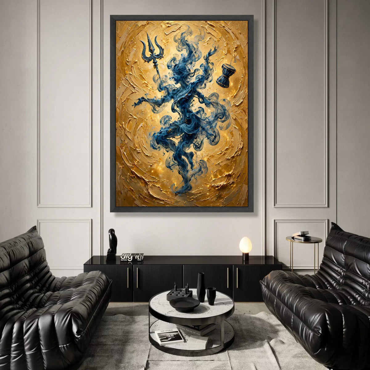 Mystic Smoke Figure Canvas Wall Art, Spiritual Trident and Drum, Blue and Gold Abstract Home Decoration, Meditation Room Canvas Print Art
