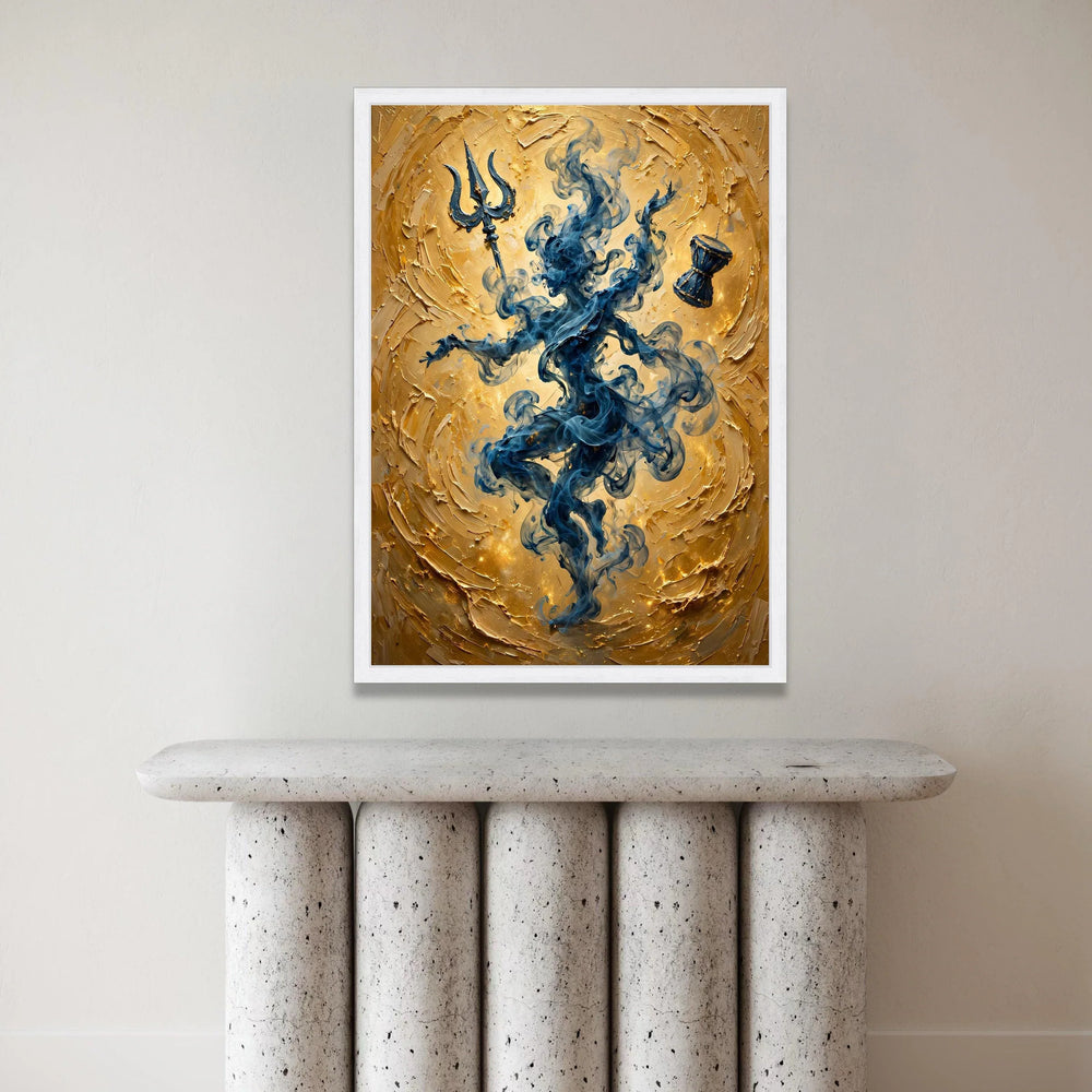 Mystic Smoke Figure Canvas Wall Art, Spiritual Trident and Drum, Blue and Gold Abstract Home Decoration, Meditation Room Canvas Print Art