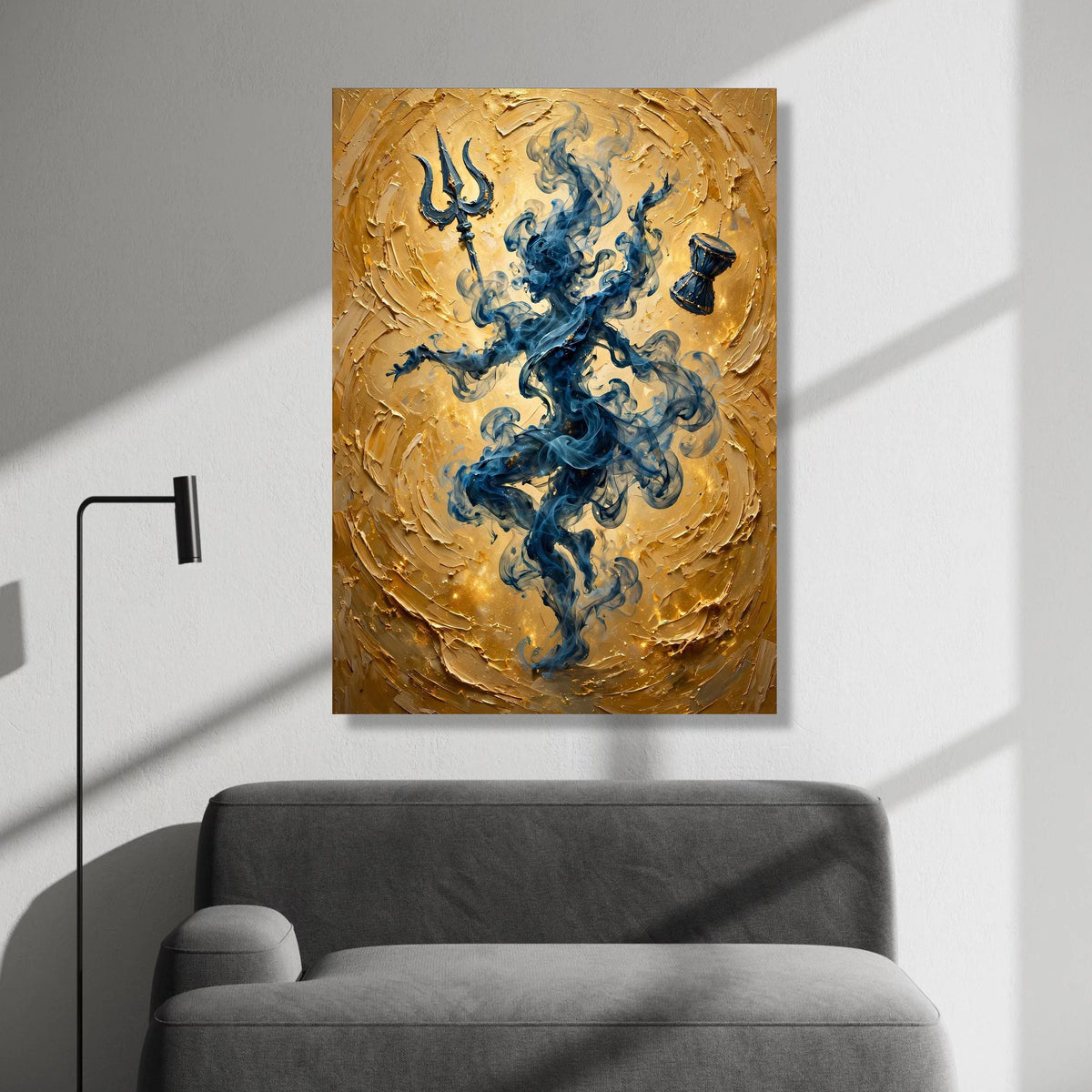 Mystic Smoke Figure Canvas Wall Art, Spiritual Trident and Drum, Blue and Gold Abstract Home Decoration, Meditation Room Canvas Print Art