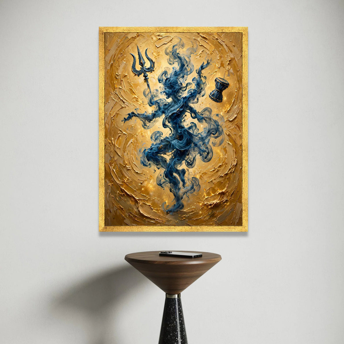 Mystic Smoke Figure Canvas Wall Art, Spiritual Trident and Drum, Blue and Gold Abstract Home Decoration, Meditation Room Canvas Print Art