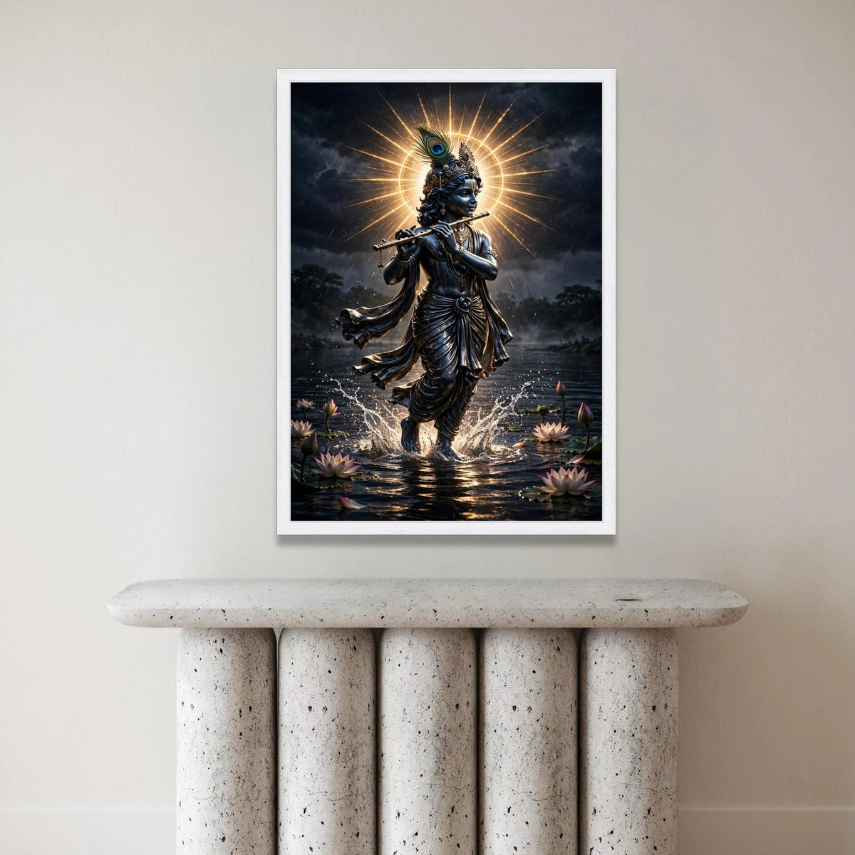 Spiritual Krishna Playing Flute Canvas, Divine Indian Lord Wall Art, Hindu God Decor, Mystical Water Scene Canvas, Sacred Canvas Print Art