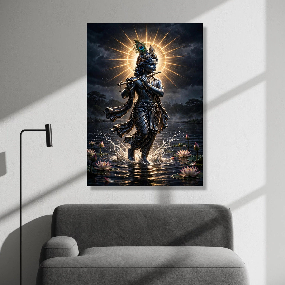 Spiritual Krishna Playing Flute Canvas, Divine Indian Lord Wall Art, Hindu God Decor, Mystical Water Scene Canvas, Sacred Canvas Print Art