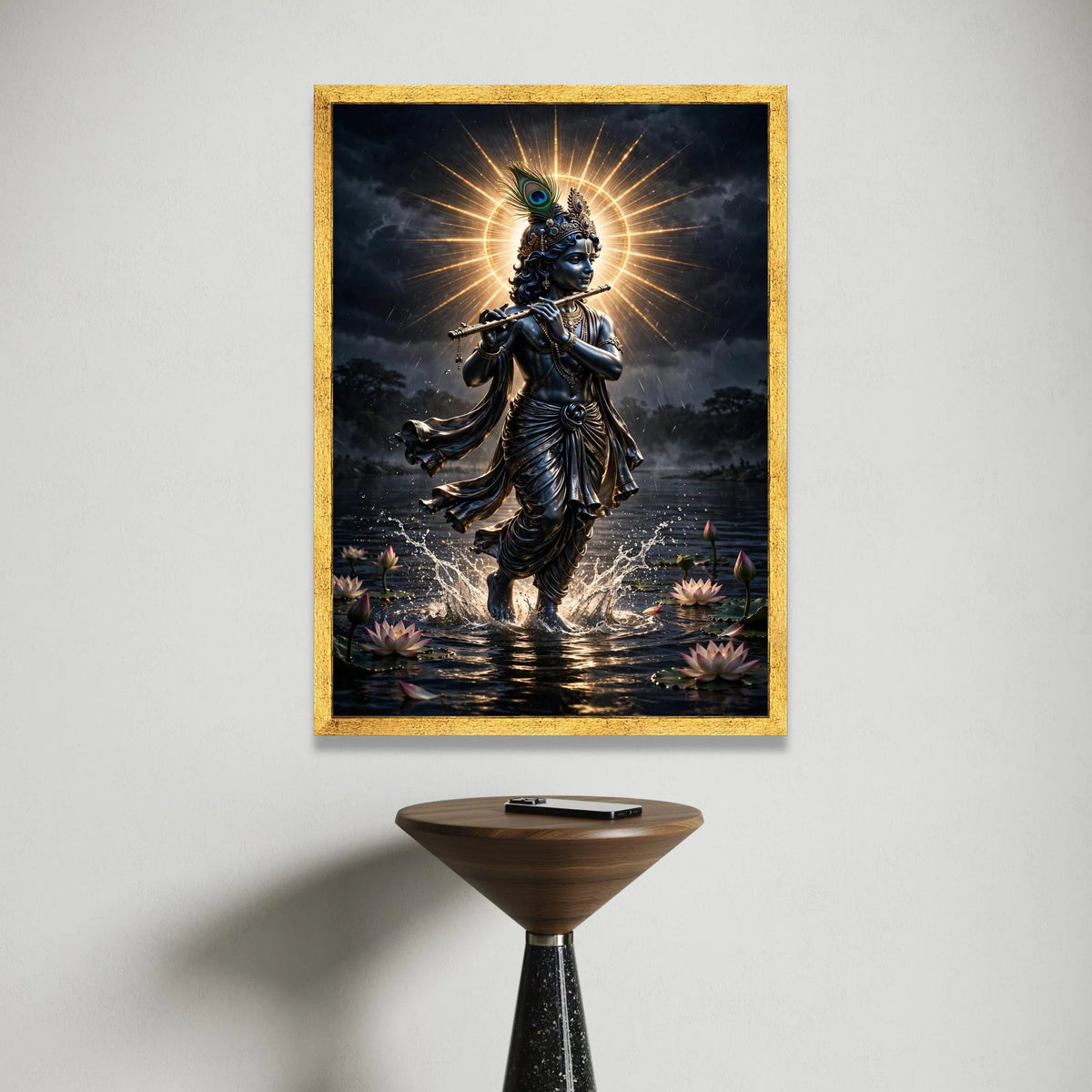 Spiritual Krishna Playing Flute Canvas, Divine Indian Lord Wall Art, Hindu God Decor, Mystical Water Scene Canvas, Sacred Canvas Print Art