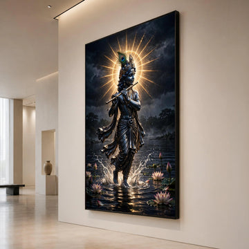 Spiritual Krishna Playing Flute Canvas, Divine Indian Lord Wall Art, Hindu God Decor, Mystical Water Scene Canvas, Sacred Canvas Print Art