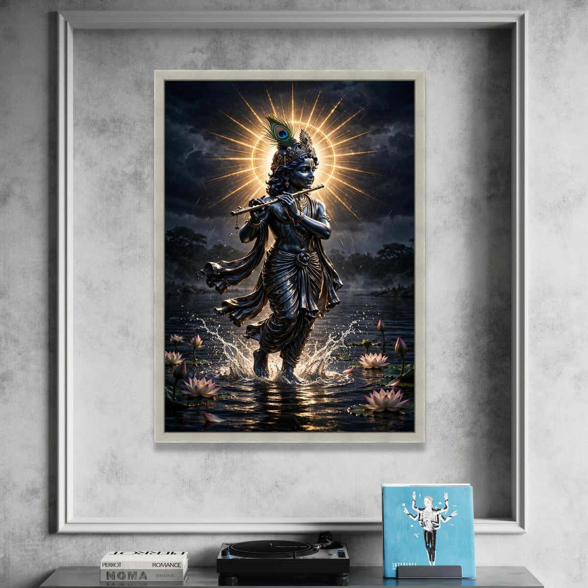 Spiritual Krishna Playing Flute Canvas, Divine Indian Lord Wall Art, Hindu God Decor, Mystical Water Scene Canvas, Sacred Canvas Print Art