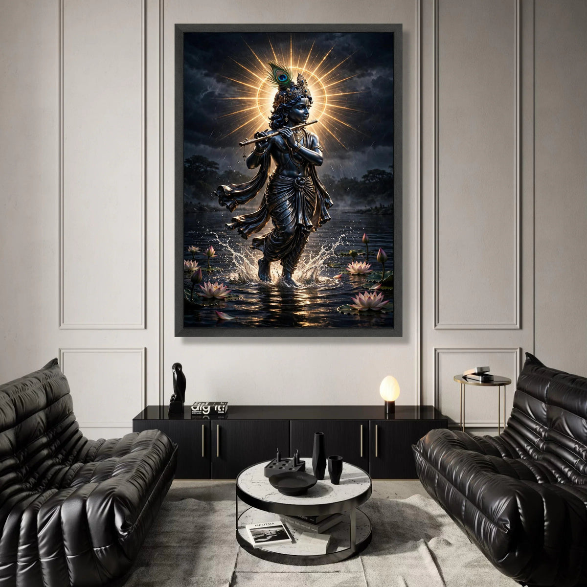 Spiritual Krishna Playing Flute Canvas, Divine Indian Lord Wall Art, Hindu God Decor, Mystical Water Scene Canvas, Sacred Canvas Print Art